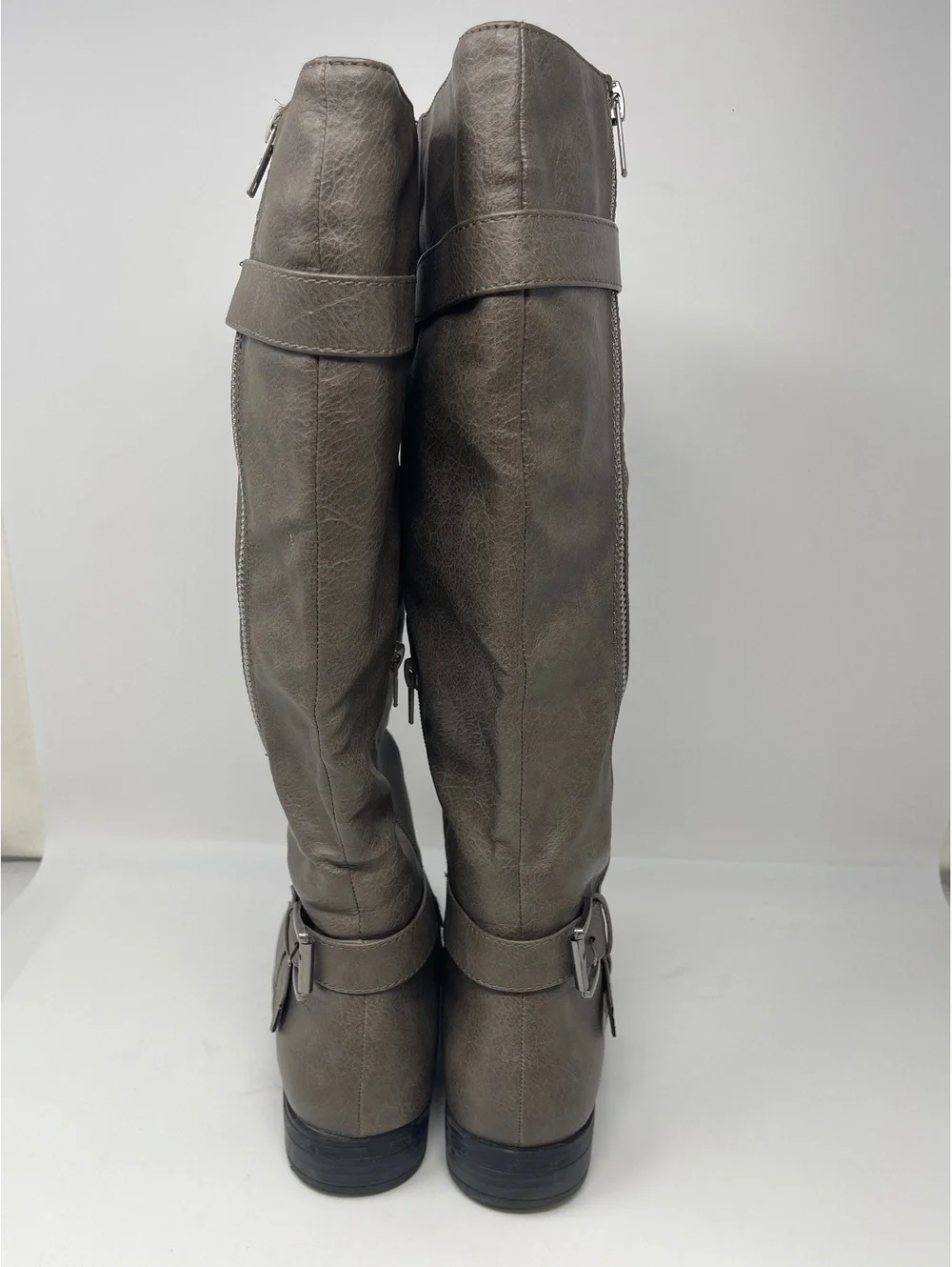 Women's Knee High Riding Boots Grey Faux Leather Buckle Slouch Flat Zip Size